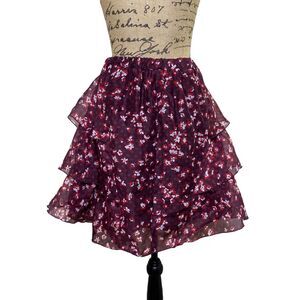 H&M Floral Tiered Mini Skirt Maroon Lined‎ Pullon Ruffled Flounce Womens Size 6